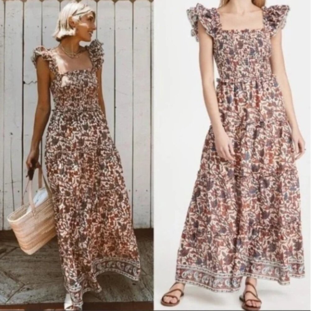 Love The Label Anthropologie BOHO Floral Long Maxi Prairie Dress Ruffle Sleeve